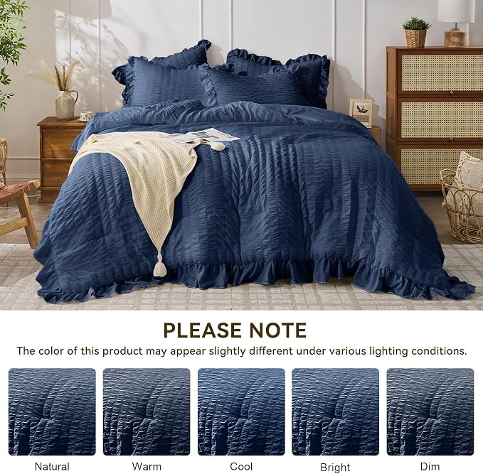 JOLLYVOGUE Navy Blue Queen Comforter Set, 3 Pieces Seersucker Comforters Queen - Image 9