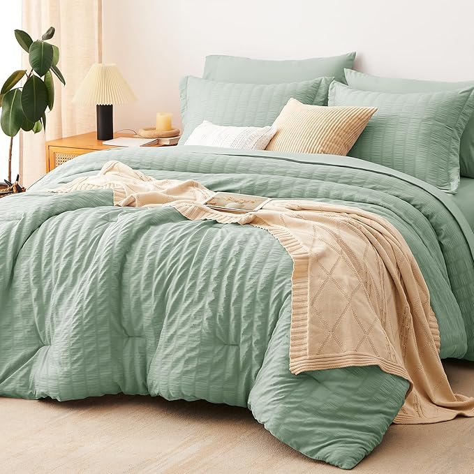 CozyLux Queen Comforter Set Sage Green Seersucker 7 Pieces Bed in a Bag Queen by CozyLux