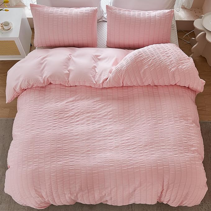 AveLom Blush Pink Seersucker Duvet Cover Set Queen Size, 3 Pieces, Ultra Soft - Image 7