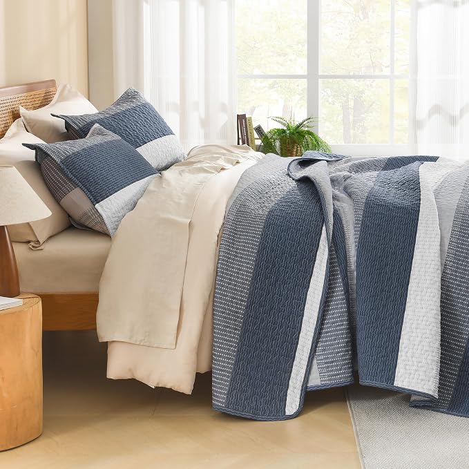 Litanika King Size Quilt Set Navy Blue, Stripe Patchwork Summer Bedspread - Image 2