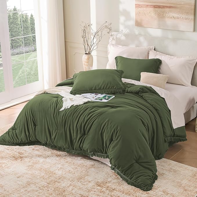 Andency Olive Green Comforter Set Full Size, 3 Pieces Boho Tassel Lightweight - Image 6
