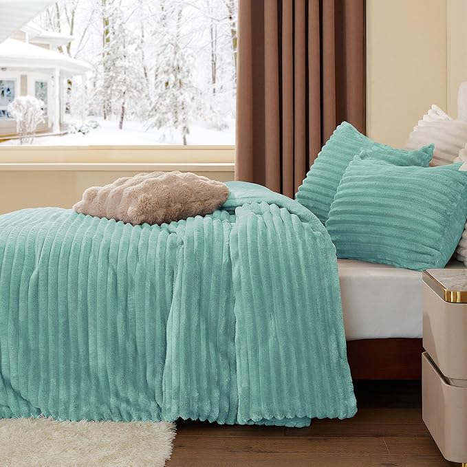 BEDELITE Fleece King Comforter Set -Super Soft & Warm Fluffy Haze Blue Bedding - Image 4