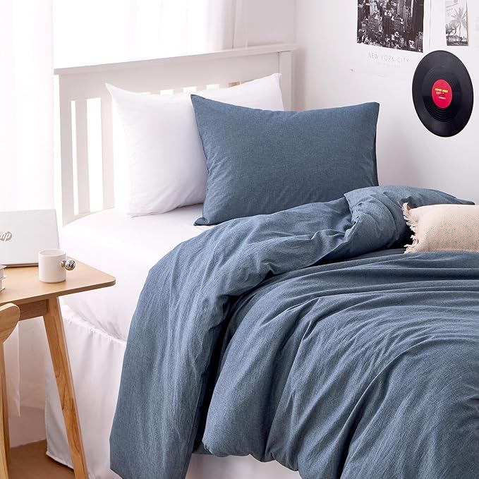 Wake In Cloud - Cotton Duvet Cover Set, Twin Size, Chambray Denim Blue - Image 4