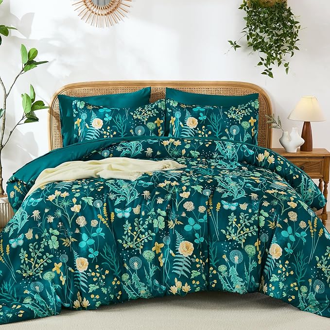 Yiran King Size Comforter Set 7 Piece, Teal Green Floral Bedding Set, - Image 7