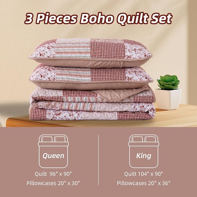 Mybedsoul Patchwork Quilt Set Queen Size, 3 Pieces Pink Floral Plaid Bedspread - Image 6