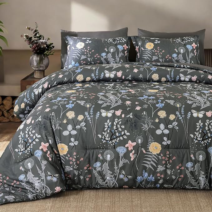 Yiran 7 Piece Grey Floral Comforter Set King Size, Botanical Flowers Bed in a by Yiran