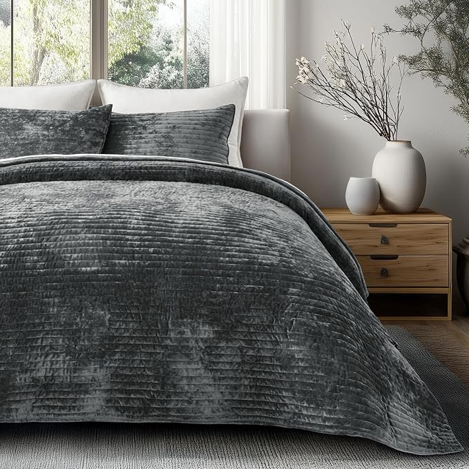EVERGRACE Velvet Quilt Set Queen Size, Luxurious Soft Striped Channel Bedding - Image 7