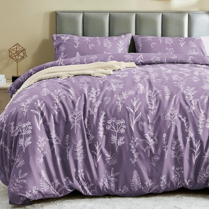 MUXHOMO Duvet Cover King Size, Reversible Floral Grayish Purple Duvet Cover Set by MUXHOMO