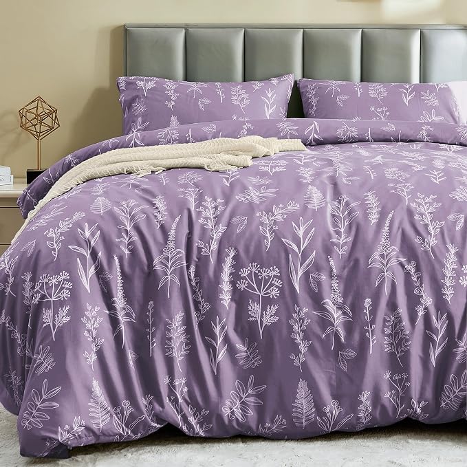 MUXHOMO Duvet Cover Full Size, Reversible Floral Grayish Purple Duvet Cover Set by MUXHOMO