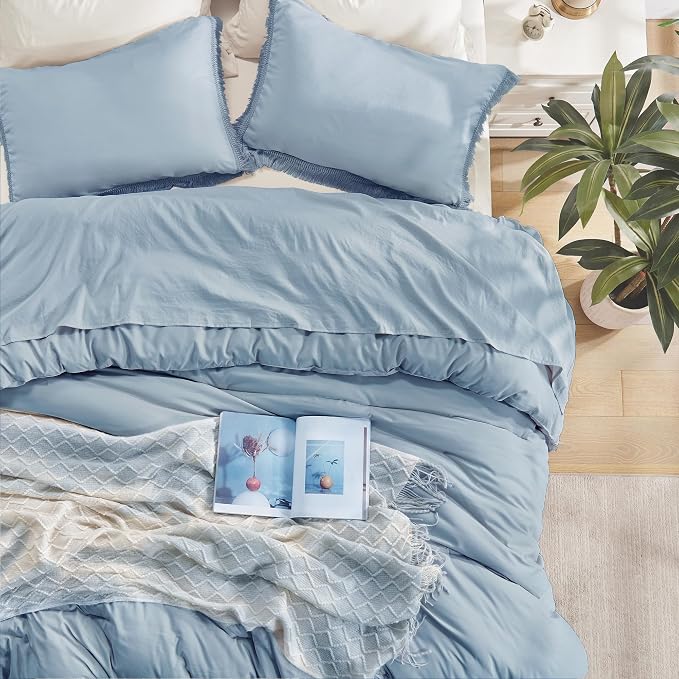 Andency Grayish Blue Comforter Set Queen Size, 3 Pieces Boho Tassel Lightweight - Image 4