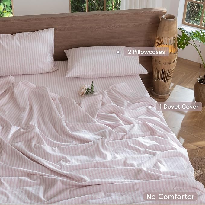 MooMee Striped Duvet Cover Set 100% Washed Cotton Linen Like Textured - Image 2