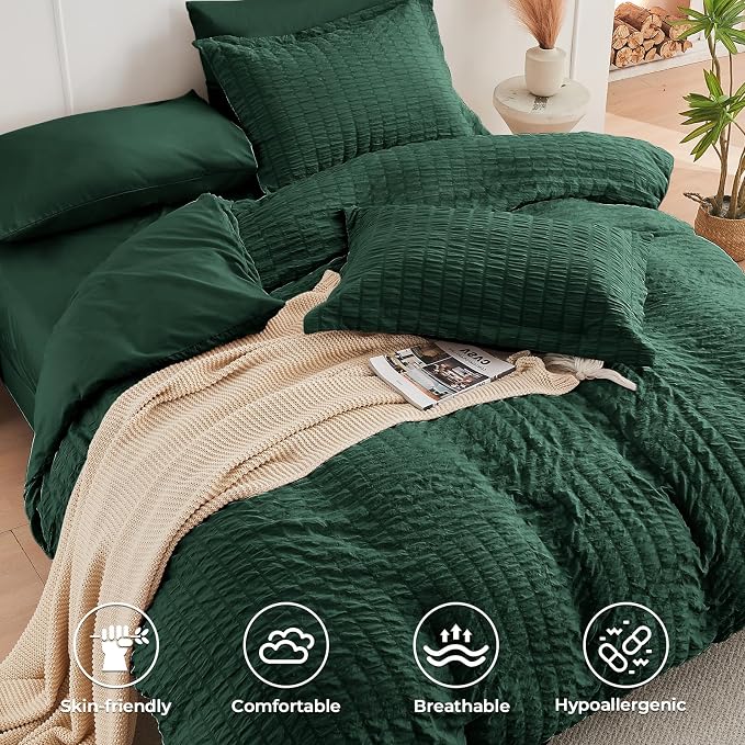 HYMOKEGE Emerald Green Full Size Comforter Sets Seersucker 7 Pieces, All Season - Image 3