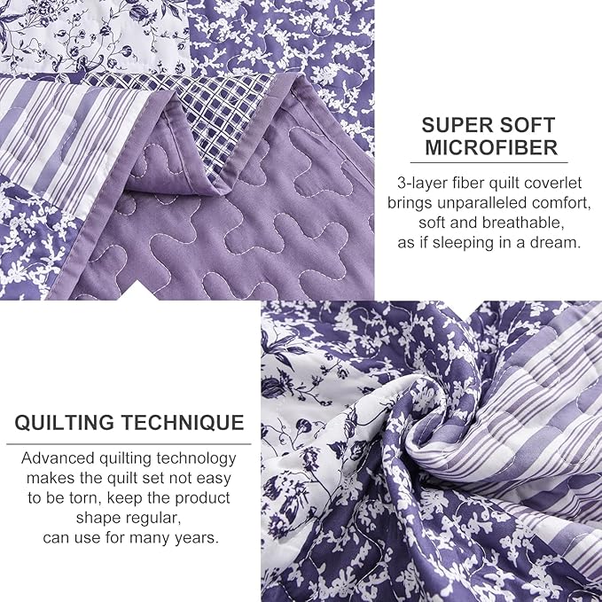 Mybedsoul Purple Quilt Set Twin Size, 2 Pieces Plaid Floral Bedspread Set - Image 3