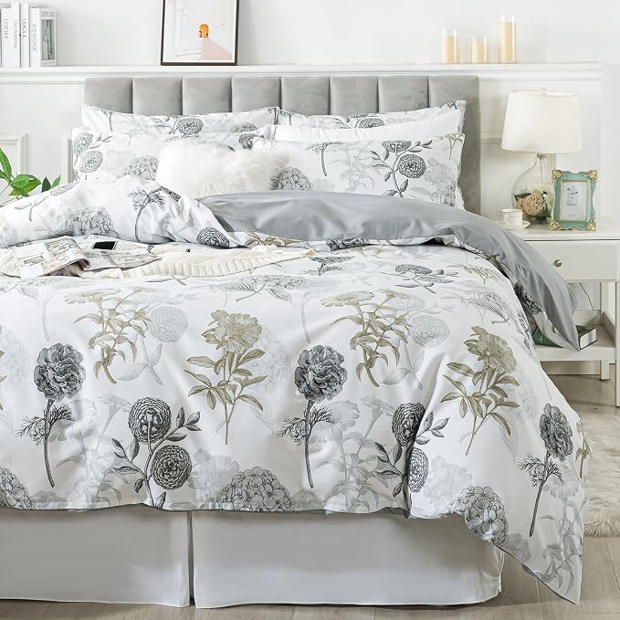 FADFAY Floral Duvet Cover Set Twin XL 100% Cotton College Bedding Ink Grey - Image 9