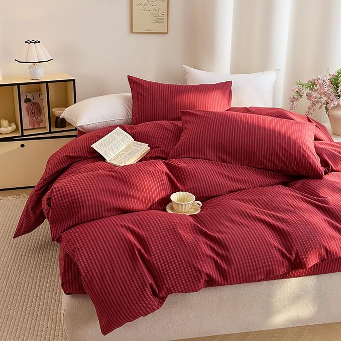 PinkMemory Red Striped Duvet Cover Queen 100% Washed Cotton Vintage Stripes - Image 3