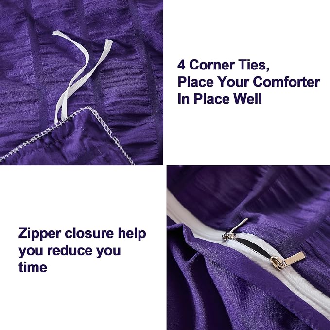 AveLom Dark Purple Duvet Cover Cal King, 3 Pieces, Seersucker Striped Soft - Image 4