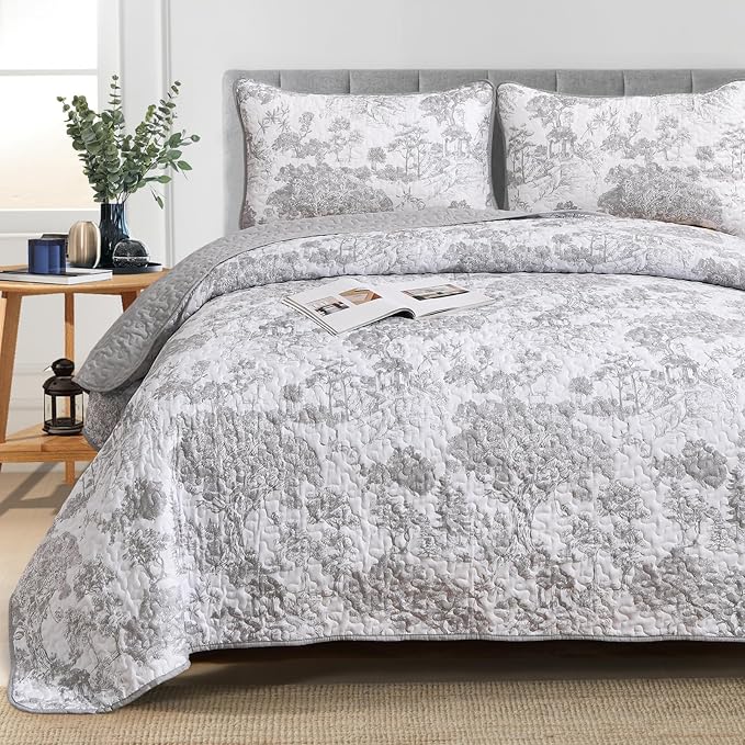 WONGS BEDDING Grey Quilt Set Twin Size, 2 Pieces Botanical Bedspreads Set - Image 7