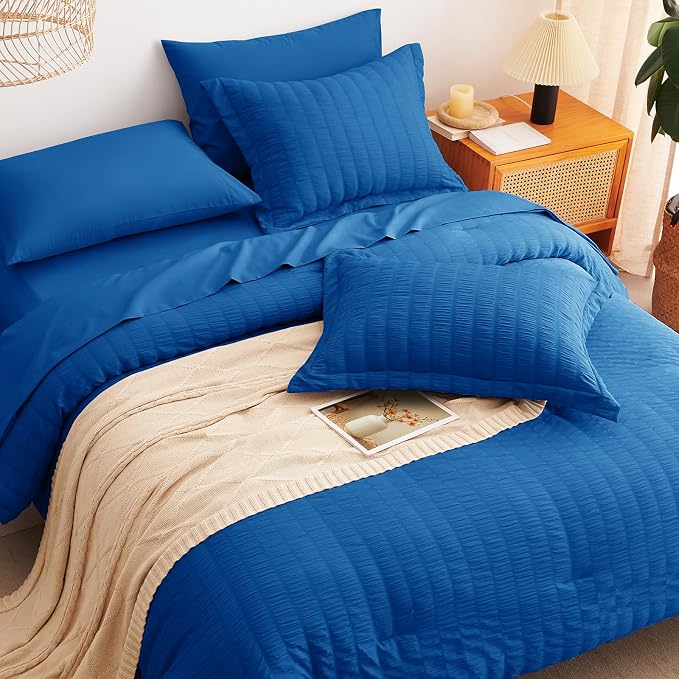 CozyLux King Size Comforter Set Classic Blue Seersucker 7 Pieces Bed in a Bag - Image 6