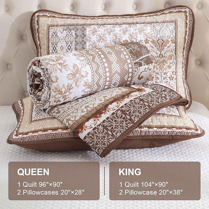 WONGS BEDDING Brown Quilt Set King Size, Boho Floral Pattern Bedspread Coverlet - Image 6
