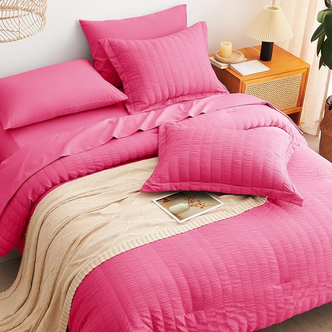 CozyLux King Size Comforter Set Hot Pink Seersucker 7 Pieces Bed in a Bag King - Image 6