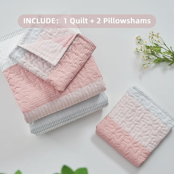 Andency Pink Quilt Queen, 3 Pieces Patchwork Striped Bedspread Coverlet Set - Image 7