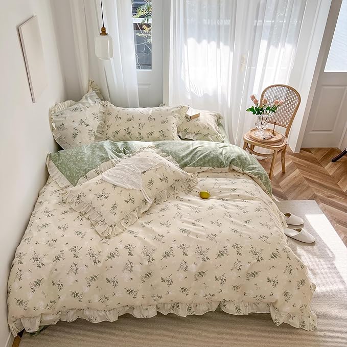 mixinni Reversible Green Floral Duvet Cover Set Twin XL Size - Image 3