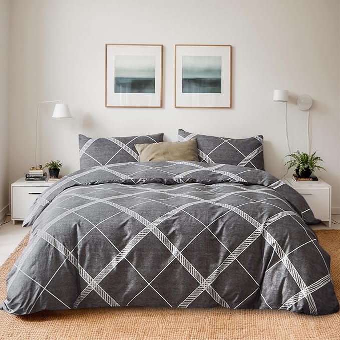 TOCOMOA Plaid Duvet Cover Set 100% Natural Cotton Soft Comfy Breathable 3 Piece - Image 3