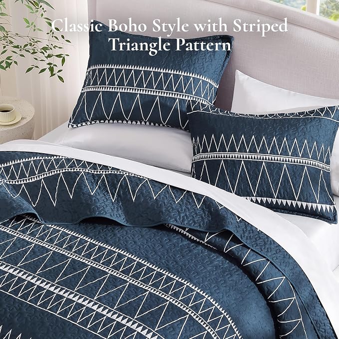Andency Navy King Size Quilt Set, 3 Pieces Boho Lightweight Soft Striped - Image 4