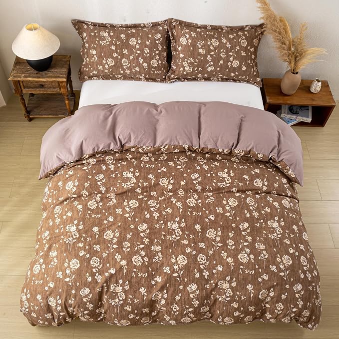 OAITE Brown Flower King Size Duvet Cover-3 Pieces Prewashed Cotton-Like - Image 6