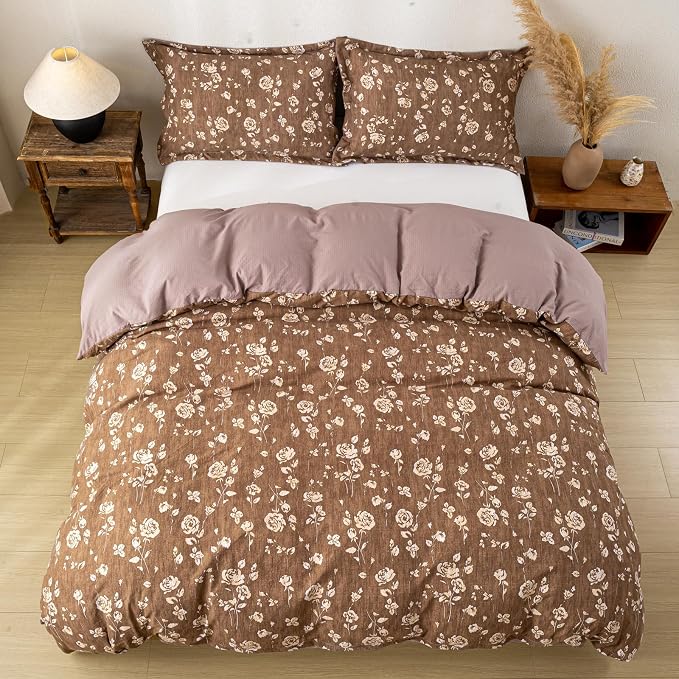 OAITE Brown Flower Queen Size Duvet Cover-3 Pieces Prewashed Cotton-Like - Image 6