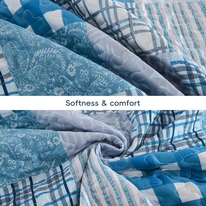 Xruibed Blue Quilt Set Queen Size 3 Pieces Plaid Floral Boho Bedspread Coverlet - Image 8