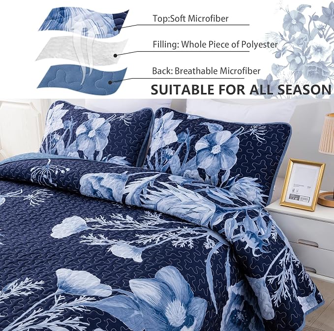 Floral Quilt Set Queen 3 Pieces Navy Blue Floral Quilt Coverlet Set Soft - Image 5