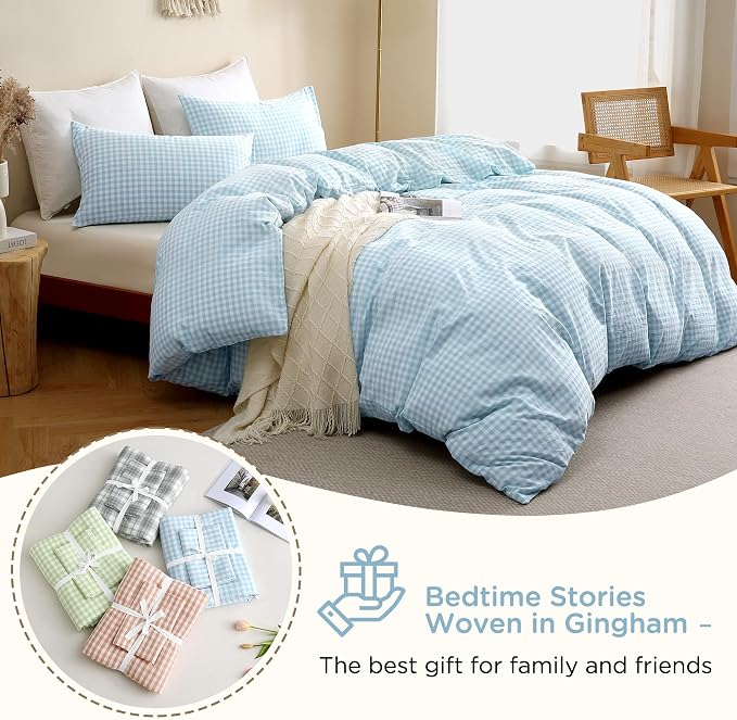 TOCOMOA Light Blue Gingham Duvet Cover Bedding Set 100% Washed Cotton Like - Image 7