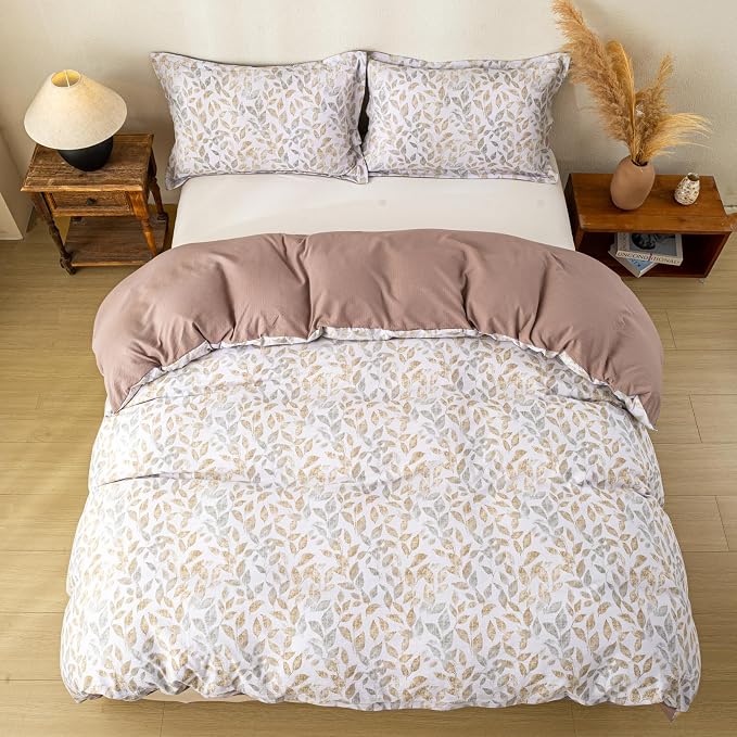 OAITE Coffee Leaves Twin Size Duvet Cover-3 Pieces Prewashed Cotton-Like - Image 6