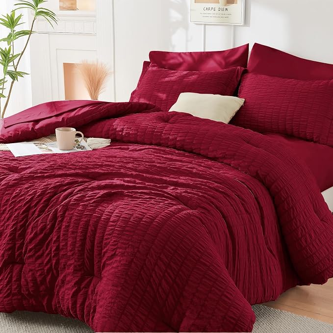 HYMOKEGE Burgundy Duvet Cover Full Size, Ultra Soft 3-Piece Seersucker Duvet - Image 4