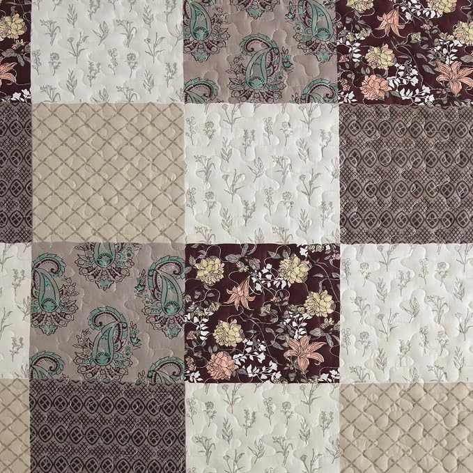 Xruibed Floral Plaid Patchwork Fall Quilt Set King Size 3 Pieces Taupe Beige - Image 5