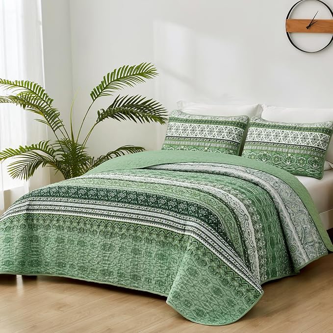 WONGS BEDDING Boho King Quilt Set, Light Green Bohemian Quilt Bedding Set - Image 2