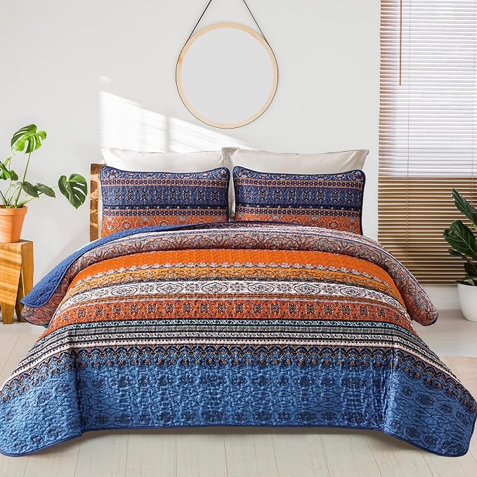 WONGS BEDDING Boho Fall Queen Quilt Set, Lightweight Microfiber Bed Decor by WONGSBEDDING