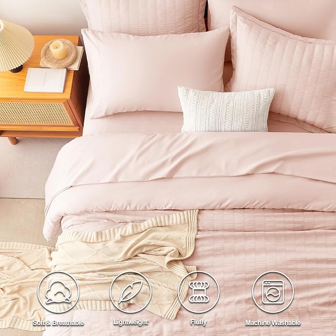 CozyLux King Size Comforter Set Blush Pink Seersucker 7 Pieces Bed in a Bag - Image 2