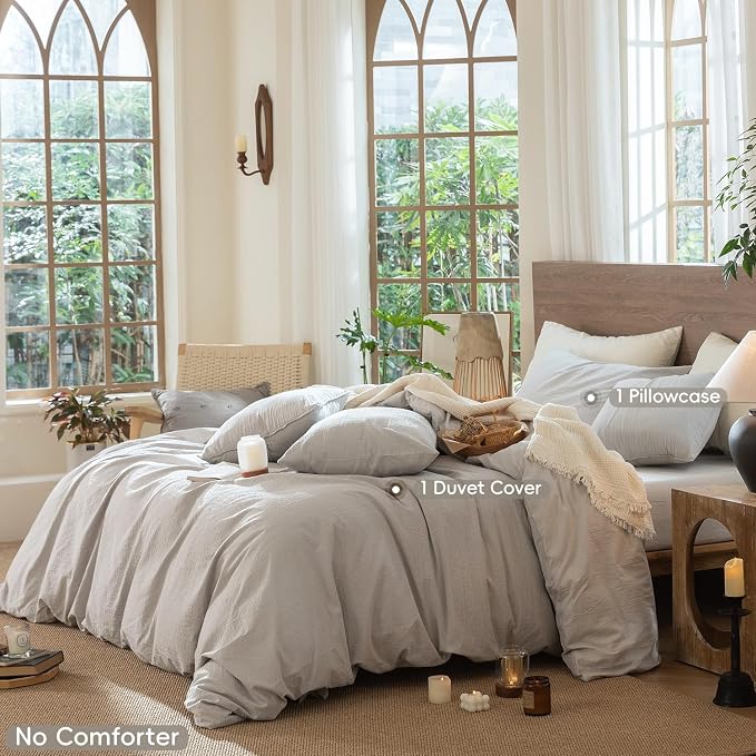 MooMee Wavy Striped Duvet Cover Set 100% Washed Cotton Linen Like Textured - Image 2