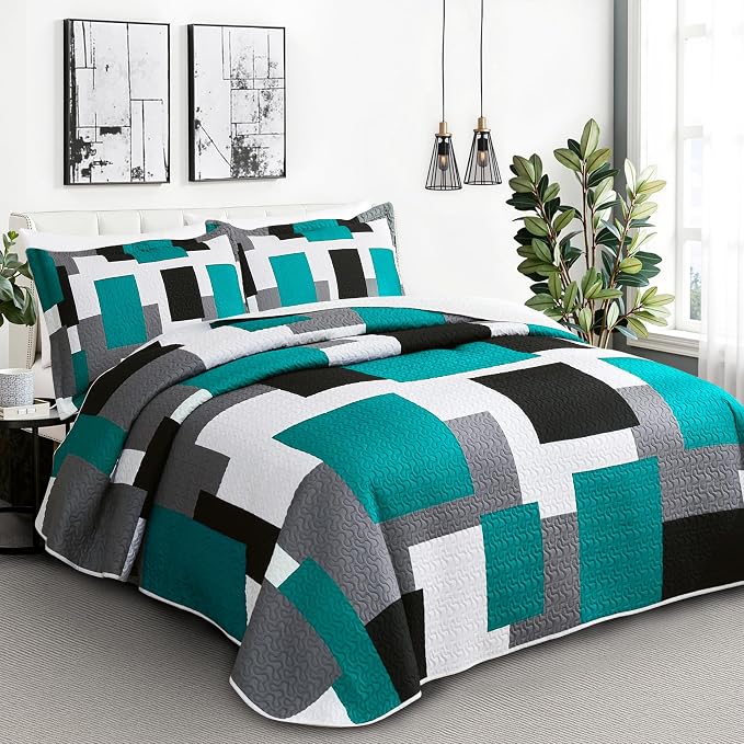 Tyrot 3 Piece Teal/Turquoise Quilt Set California King Size Black Grey - Image 2