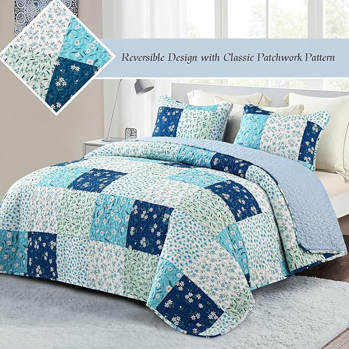 Whale Flotilla Patchwork Quilts Queen Size, Extra Soft Boho Floral Bedspreads - Image 2