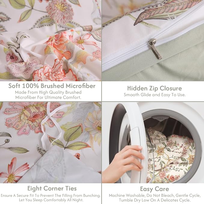 LONAVA Queen Floral 3 Pcs Duvet Cover Set, Breathable Soft Microfiber Glass - Image 7