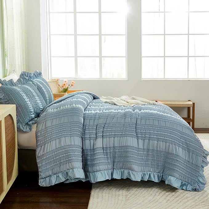 WONGS BEDDING Blue Comforter Set Queen, 3 Pieces Ruffle Farmhouse Shabby Chic - Image 3