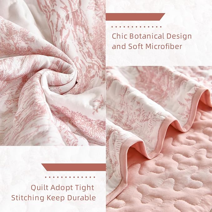 WONGS BEDDING Quilt Set King Size, 3 Pieces Pink Floral Plants Printed - Image 6