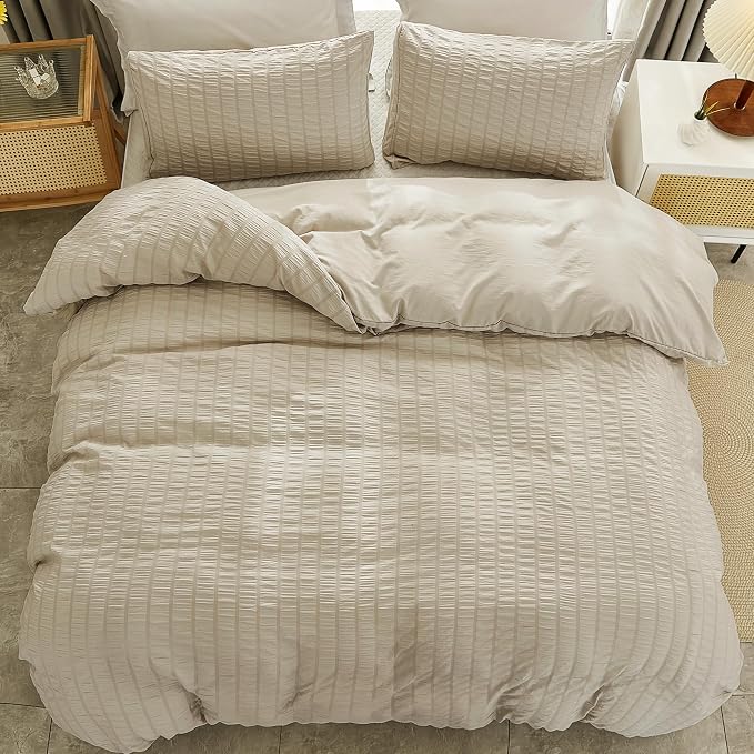 AveLom Beige Seersucker Duvet Cover Set King Size, 3 Pieces, Ultra Soft Washed - Image 7