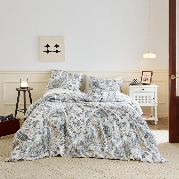 SUSYBAO Blue Paisley Duvet Cover King 100% Cotton Vintage Floral Duvet Cover 3 - Image 2