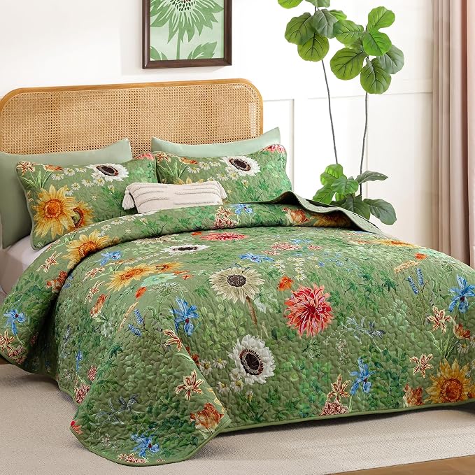 Yiran Floral King Size Quilt, 3 Pieces Botanical Spring Summer Soft Lightweight - Image 2