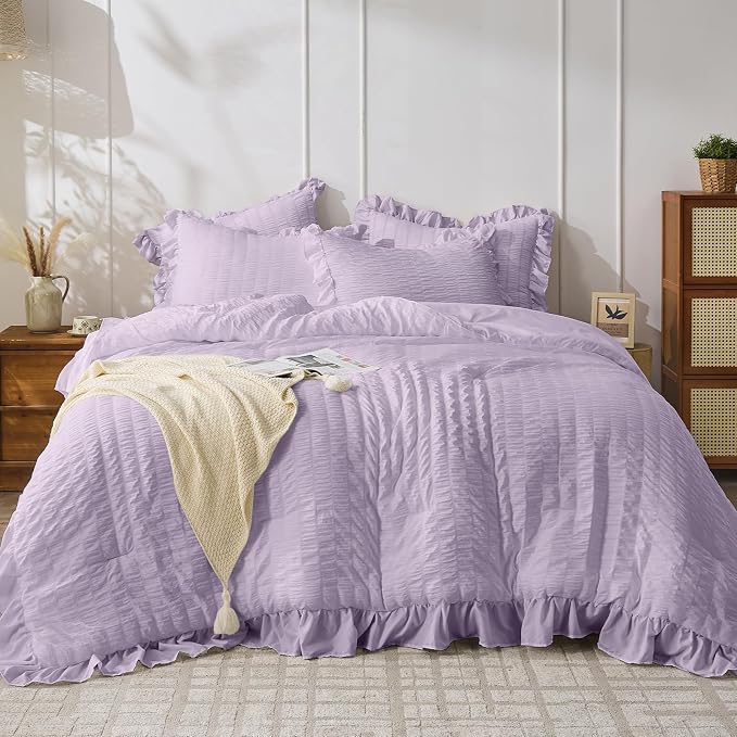 JOLLYVOGUE Lavender Queen Comforter Set, 3 Pieces Seersucker Comforters Queen by JOLLYVOGUE