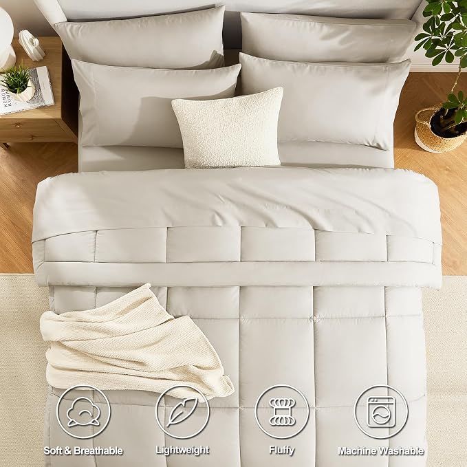 CozyLux King Size Comforter Set Beige, 7 Pieces Bed in a Bag, All Season - Image 2